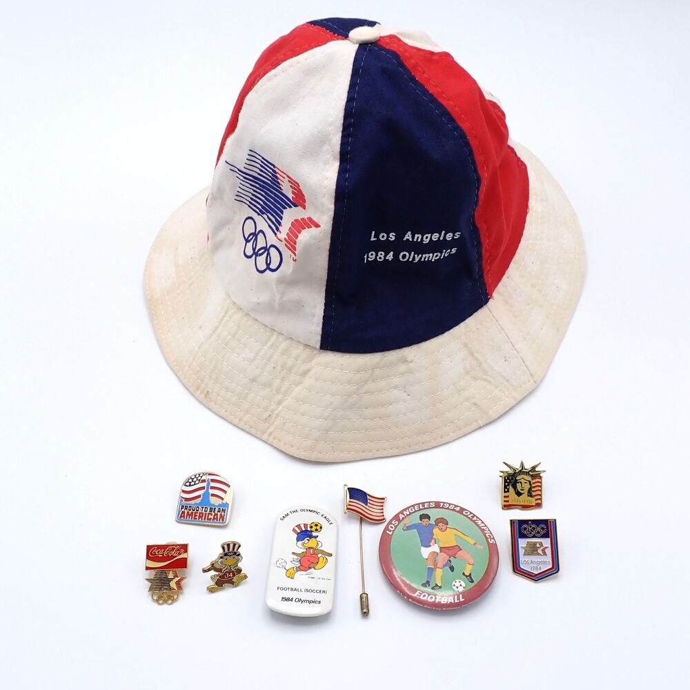 Los Angeles Olympics LAOOC Bucket Hat M/L 1984 w/8 Pins including Sam Eagle USA
